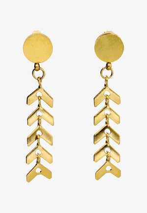 Øreringe i guldton med runde toppe og fem sammenkædede, vinklet chevronformede stykker, der hænger under hver top.