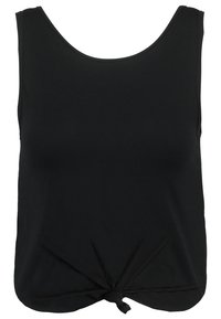 Zwarte mouwloze top van zacht materiaal, met een ronde hals, losse fit en een knoopdetail aan de onderkant.