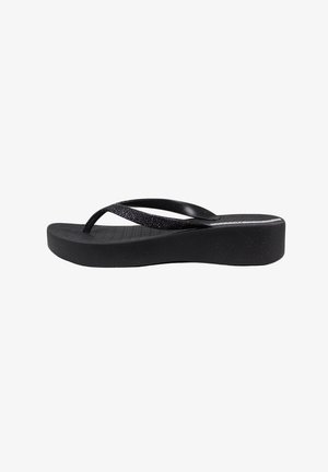 Black flip-flop sandal with a glossy, textured footbed and sparkling black straps. Features a low wedge heel for added height.