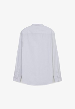 Camicia bianca a maniche lunghe in lino, con colletto standard, polsini con bottoni e orlo dritto con dettaglio di cucitura centrale.