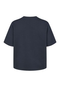T-shirt bleu marine à manches courtes avec un col rond, fabriqué en tissu doux. La vue arrière montre une texture lisse sans motifs ni ornements.