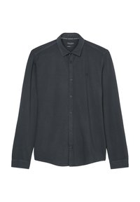 Knopfhemd aus dunkelblauem Baumwollstoff, lange Ärmel, taillierte Passform, einzelnes Brustlogo, klassischer Kragen und dezente Struktur im gesamten Stoff.