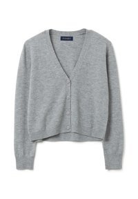 Cardigan grigio corto realizzato in morbido tessuto a maglia, dotato di scollo a V, sei bottoni frontali e polsini e orlo a costine.