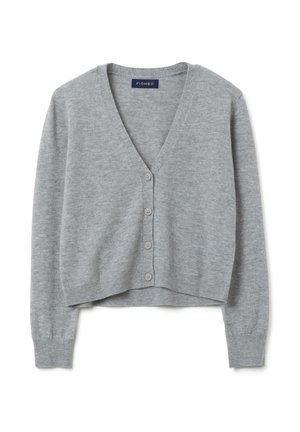 Cardigan grigio corto realizzato in morbido tessuto a maglia, dotato di scollo a V, sei bottoni frontali e polsini e orlo a costine.