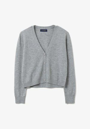 Cardigan gris court en tissu tricot doux, avec un décolleté en V, six boutons sur le devant, et des poignets et un ourlet côtelés.