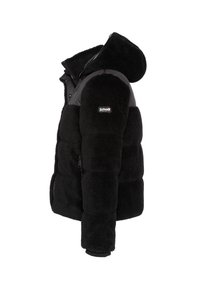 Czarna polarowa kurtka z pikowanym wzorem, ozdobiona czarnymi nylonowymi panelami na ramionach. Posiada kaptur i zapinane na zamek kieszenie dla funkcjonalności.