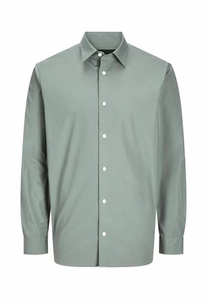 Fényzöld, hosszú ujjú ing sima anyagból, klasszikus gallérral, gombos elülső résszel és egygombos mandzsettákkal.