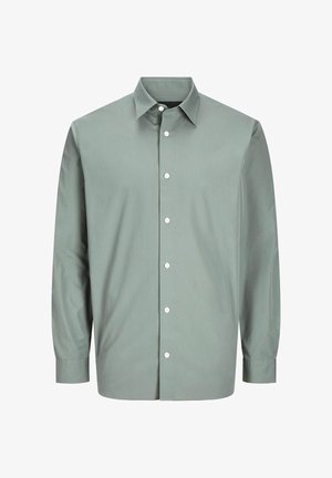 Fényzöld, hosszú ujjú ing sima anyagból, klasszikus gallérral, gombos elülső résszel és egygombos mandzsettákkal.