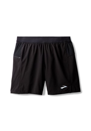 Pantalones cortos deportivos negros hechos de un tejido ligero, con una cinturilla ancha, dos bolsillos laterales y un logo reflectante en la parte inferior delantera.