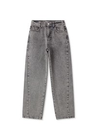 Jeans grigi a gamba dritta con vita alta, tasche frontali, passanti per cintura e chiusura con bottone.