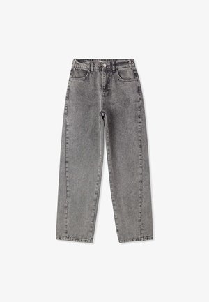 Jeans grigi a gamba dritta con vita alta, tasche frontali, passanti per cintura e chiusura con bottone.