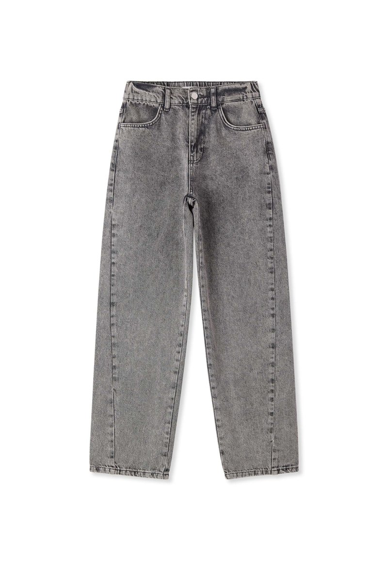 Jeans grigi a gamba dritta con vita alta, tasche frontali, passanti per cintura e chiusura con bottone.