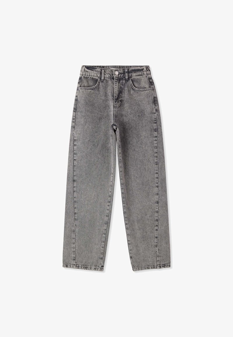 Jeans grigi a gamba dritta con vita alta, tasche frontali, passanti per cintura e chiusura con bottone.