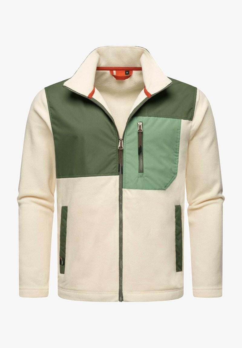 Giacca in pile con un design a blocchi di colore in crema e verde. Include tasche con zip, un colletto alto e dettagli arancioni a contrasto.