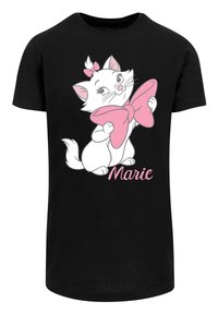 Černé tričko s kreslenou bílou kočkou s růžovou mašlí. Pod designem kočky je nápis "Marie" v růžovém písmu.
