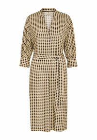 Beige jurk met zwart geometrisch patroon, v-hals, driekwart mouwen en strikriem op de taille. Zachte stof en lengte tot halverwege het scheenbeen.