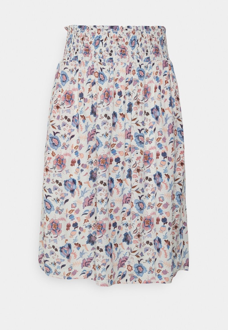 Floral midi skirt with shirred waistband. Features blue, pink, and brown flowers on a white base, with pleated sections for texture.