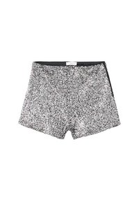 Srebrne szorty z cekinami z czarnym pasem, charakteryzujące się błyszczącą teksturą i dopasowanym krojem, idealne na okazje świąteczne.