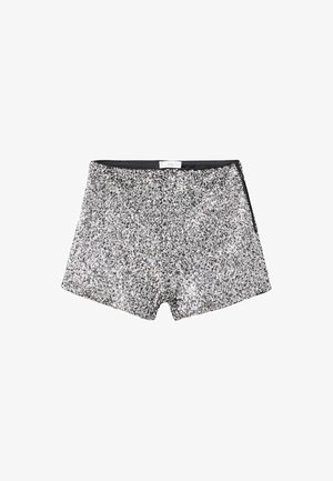 Srebrne šorts s heldorima i crnim pojasom, s sjajnom teksturom i uskim dizajnom, pogodnim za svečane prilike.