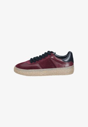 Burgundy sneaker with suede and leather, black laces, and textured rubber sole. Features a smooth black heel accent, rounded toe design.