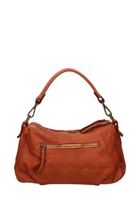 Borsa a tracolla in pelle marrone con design curvo, tracolla intrecciata e tasca con zip sul fronte per una maggiore funzionalità.