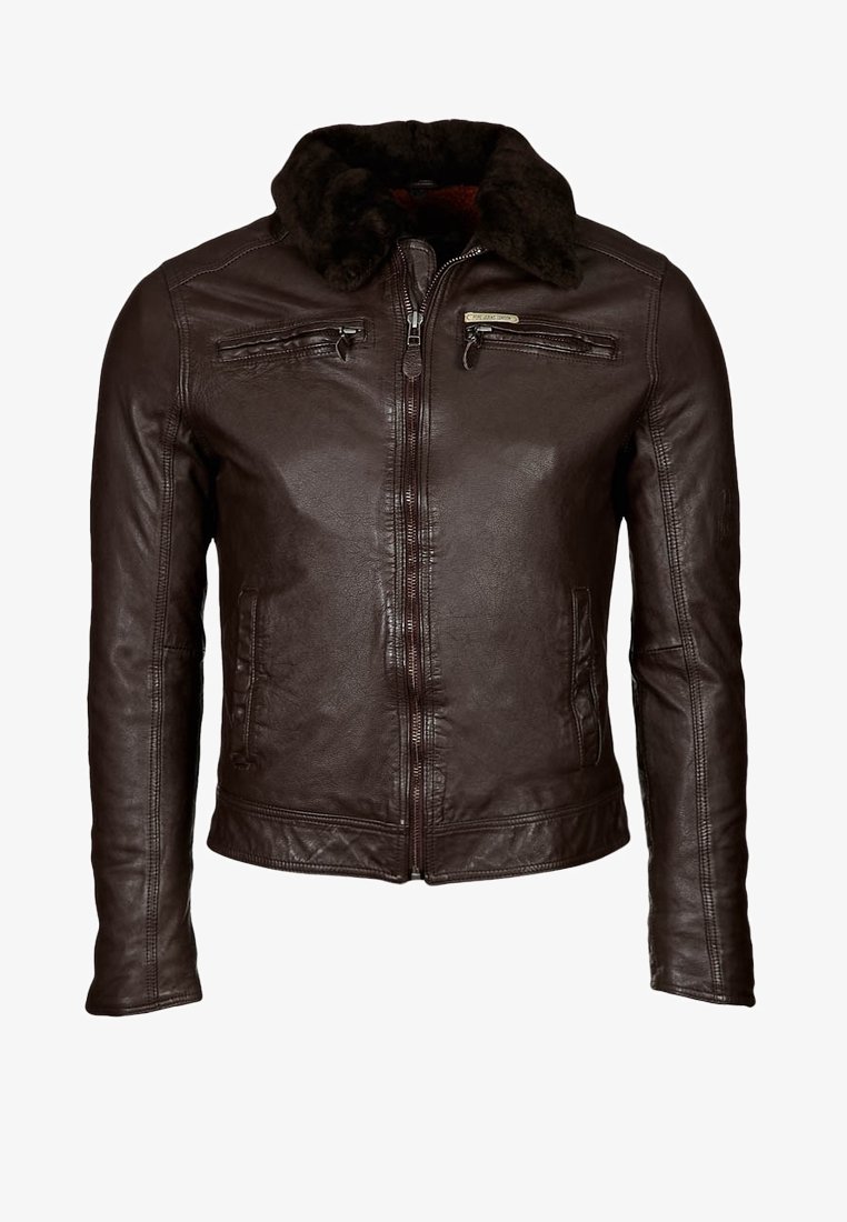 Ruskea nahkatakki karvareunuksisella kauluksella, jossa on kaksi vetoketjullista rintataskua ja kaksi sivutaskua, teksturoitu pinta ja istutettu malli.