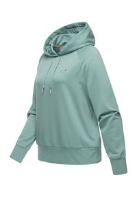 Felpa leggera color teal con cappuccio, vestibilità ampia e polsini a costine. Presenta un piccolo logo sul petto e una tasca a marsupio spaziosa.