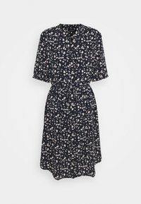 Námořnické květinové šaty s krátkým rukávem, s nařaseným pasem a midi délkou. Obsahují drobné růžové, bílé a zelené květinové vzory po celém povrchu.