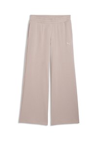 Pantalon de survêtement beige à jambes larges avec taille élastique, poches latérales et petit logo Puma sur la cuisse droite.