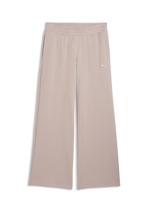 Wide-leg beige sweatpants with elastic waistband, side pockets, and small Puma logo on the right thigh.