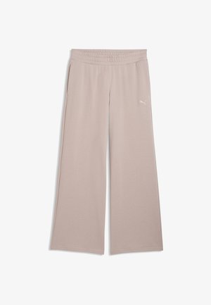 Wide-leg beige sweatpants with elastic waistband, side pockets, and small Puma logo on the right thigh.