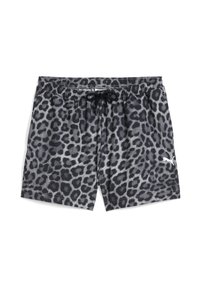 Černé a šedé plavkové šortky s leopardím potiskem, elastickým pasem, nastavitelnou šňůrkou a bílým logem na dolním pravém boku.