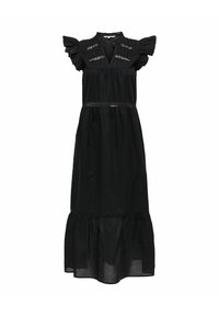 Black cotton dress with ruffled sleeves, deep V-neck, embroidered detailing on the bodice, and a tiered hemline.