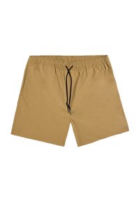 Pantaloni corti marrone chiaro realizzati in un tessuto morbido, con una cintura elastica e un cordino nero, e tasche laterali.