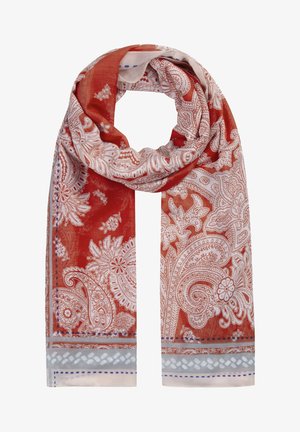 Let tørklæde med indviklede hvide og beige paisley- og blomsterprint på en rust- rød baggrund, foldet i en løkkeform.