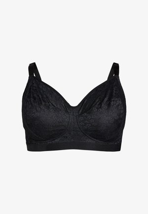 Reggiseno in pizzo nero con coppe morbide, spalline larghe e un bordo sottile e liscio. Motivo floreale intricato sul pizzo, hardware visibile minimo.