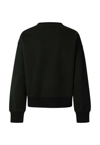 Melnā sporta džempera ar apaļu kakla izgriezumu, nolaižamām pleciem un ribveida aprocēm. Mīksts audums ar gludu tekstūru un nedaudz ielocītu piegriezumu.