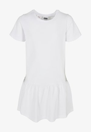 Fehér, rövid ujjú ruha kerek nyakkivágással, fodros, bő alsó szegéllyel és puha pamut anyagból készült. Nincsenek minták vagy díszítések.