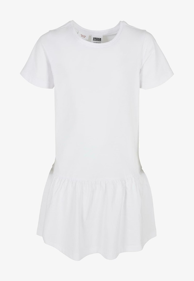 Biała sukienka krótko rękawowa z okrągłym dekoltem, z falbaną na dole i miękkiego materiału bawełnianego. Bez wzorów ani ozdób.