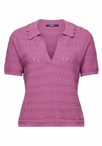 Haut en maille violet à manches courtes avec col festonné, encolure en V et motifs zigzag horizontaux texturés.