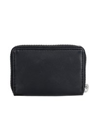 Zwart leren portemonnee met een gestructureerde afwerking, ritssluiting en zilver beslag. Compact rechthoekig van vorm met gestikte randen.
