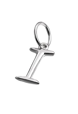 Encanto de plata en forma de letra "I" con acabado suave y pulido. Presenta un lazo para su sujeción a joyería. Forma ovalada con bordes redondeados.