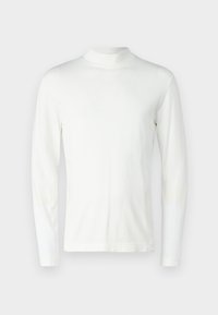 Cămașă albă cu guler înalt, din material moale, cu mânecă lungă. Prezintă un design ajustat și umeri fără cusături, având o textură netedă.