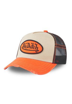Baseball cap with beige front panel, orange curved brim, black mesh back, and an orange oval patch with "Von Dutch" text on front.