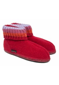 Red felt slippers with a knitted multicolor cuff in purple, orange, and red, featuring a soft texture and rounded shape, labeled "Haflinger."