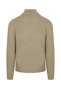 Beige gebreide trui, hoge kraag, lange mouwen, geribde manchetten en zoom, soepele textuur, eenvoudige uitstraling, geen zichtbare patronen of accenten.