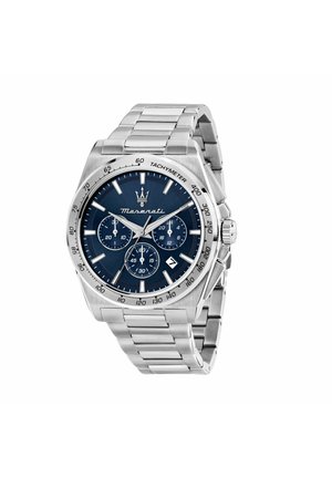 Orologio da polso Maserati in acciaio inossidabile con quadrante blu, tre sottocronografi, lunetta tachimetrica, finestra per la data e bracciale in maglie metalliche.