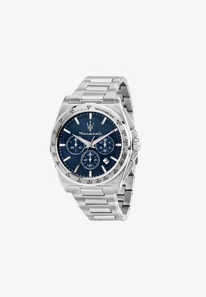 Orologio da polso Maserati in acciaio inossidabile con quadrante blu, tre sottocronografi, lunetta tachimetrica, finestra per la data e bracciale in maglie metalliche.