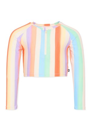 Krótka bluzka z długim rękawem z pionowymi pastelowymi paskami w kolorze pomarańczowym, fioletowym, niebieskim, zielonym i kremowym, z zamkiem z przodu i okrągłym dekoltem.