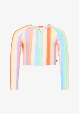 Krótka bluzka z długim rękawem z pionowymi pastelowymi paskami w kolorze pomarańczowym, fioletowym, niebieskim, zielonym i kremowym, z zamkiem z przodu i okrągłym dekoltem.